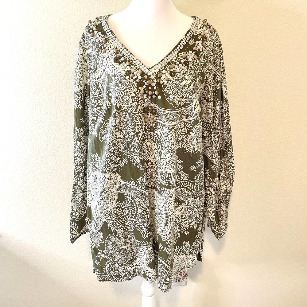 Olive Paisley V-Neck Beaded Women's Top